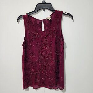 Lucky Brand Women's BOHO Purple Maroon Sheer Beaded Sleeveless Blouse - Small